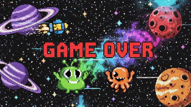 Pixelated game over screen with alien characters and celestial bodies in space background vector illustration