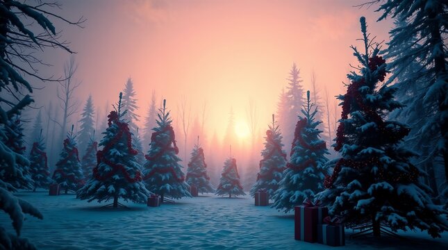 Decorated christmas trees with red garlands into a forest on a snowy sunrise close to xmas gifts in red boxes