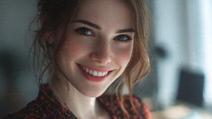 A captivating portrait of a beautiful woman with a radiant smile, emanating warmth and positivity. Close-up, soft focus, showcasing her natural beauty and genuine happiness.