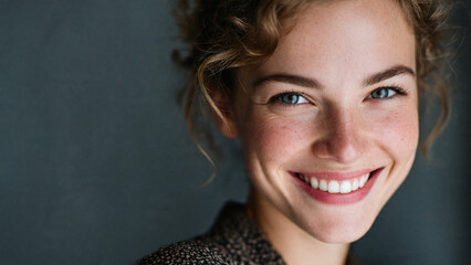 A portrait of a cheerful person with a radiant smile, emanating genuine joy and confidence, against a blurred backdrop.