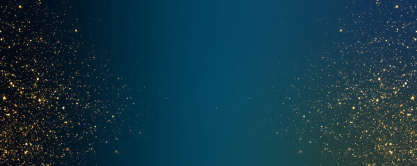 New Year's Eve gold glitter particles scattered diagonally across a dark teal-blue background, forming a festive border with central copy space