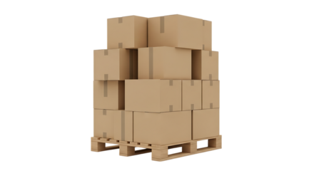 Stack of cardboard boxes on a wooden pallet, isolated on a transparent background, cutout, PNG