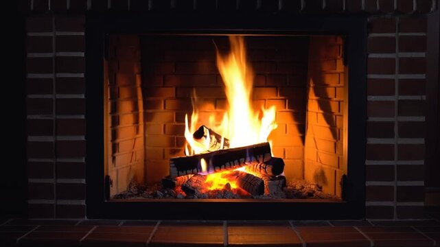 Realistic video of a crackling fire in a rustic brick fireplace, glowing embers, flickering flames, soft shadows on surrounding bricks, cozy evening ambiance. AI generated.
