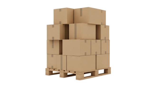 Stack of cardboard boxes on a wooden pallet, isolated on a transparent background, cutout, PNG