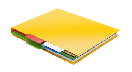Bright yellow folder with colorful tabbed dividers and layered paper, isolated on a transparent background, cutout, PNG