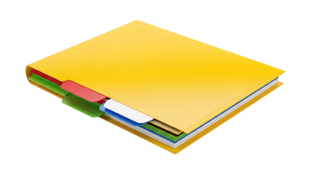 Bright yellow folder with colorful tabbed dividers and layered paper, isolated on a transparent background, cutout, PNG
