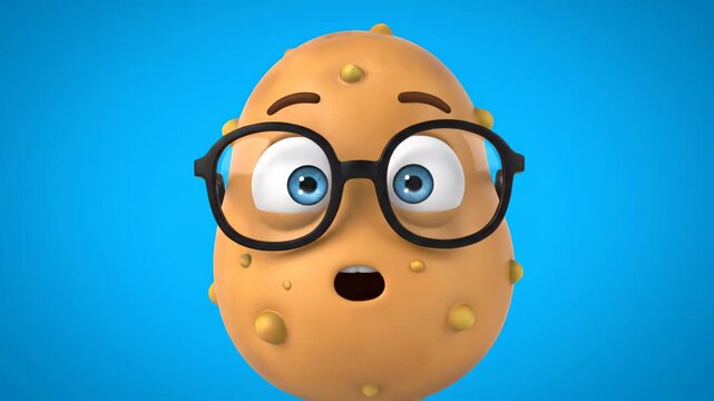 Animated cartoon potato wearing glasses and looking around with a surprised expression. Fun 3d character animation on a bright blue background