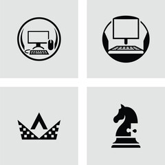 Set of four minimalist icons featuring a computer crown and chess knight simple flat vector design element isolated on white background