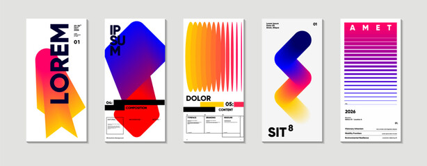 Fototapeta na wymiar A collection of five modern, abstract poster designs featuring bold typography and vibrant gradients. Each poster showcases unique geometric shapes and color schemes 