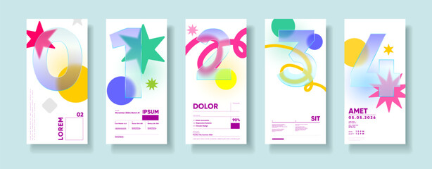 A vibrant and modern set of abstract posters featuring large numbers from zero to four. Each design incorporates colorful geometric shapes and gradients, creating a dynamic and eye-catching visual.