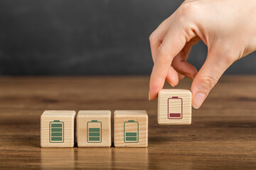 Burnout syndrome at work concept. Low energy battery. Emotional, physical, and mental exhaustion caused by excessive, prolonged stress. Decreased motivation, lowered performance and negative attitudes