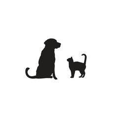 A silhouette of a seated dog and a standing cat facing each other on a white background simple image