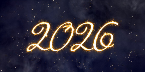 2026 depicted in brilliant gold sparkler effect against a dark smoky background with scattered shining particles
