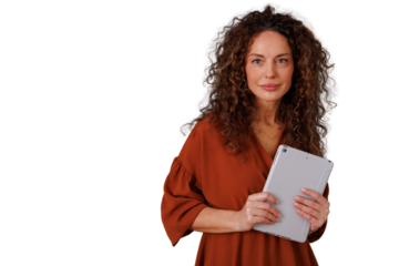 Elegant mature woman with curly hair holding a generic tablet device, looking at the camera, promoting career and digital lifestyle