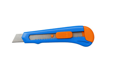 Fototapeta premium Box cutter isolated PNG on transparent background, blue and orange utility knife for cutting cardboard and paper, sharp blade