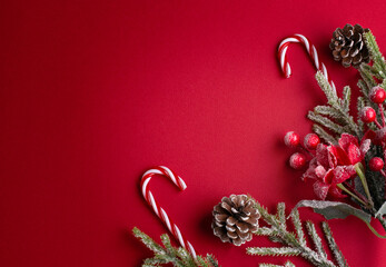 Christmas red background with poinsettia, decorative fir branch, candy canes and cones for tree decoraton. New Year winter holiday composition with decor and copy space for text, top view.