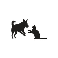 A silhouette of a dog running towards a cat on a white background in a simple and minimalist style
