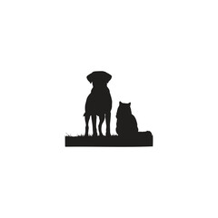 A silhouette of a dog standing next to a cat sitting on a patch of grass against a white background