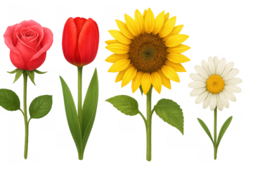 Grouping colorful flowers with rose, tulip, sunflower, and daisy illustrations on a transparent background