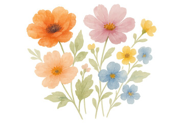 Fototapeta premium Watercolor spring floral bouquet with delicate petals and green leaves, creating a vibrant pattern on transparent background