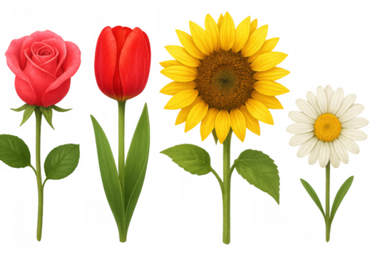 Grouping colorful flowers with rose, tulip, sunflower, and daisy illustrations on a transparent background