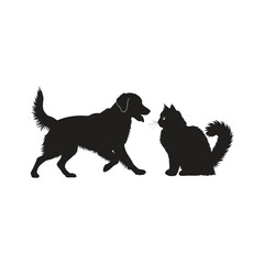 A black silhouette of a dog walking towards a sitting cat with a fluffy tail on a white background
