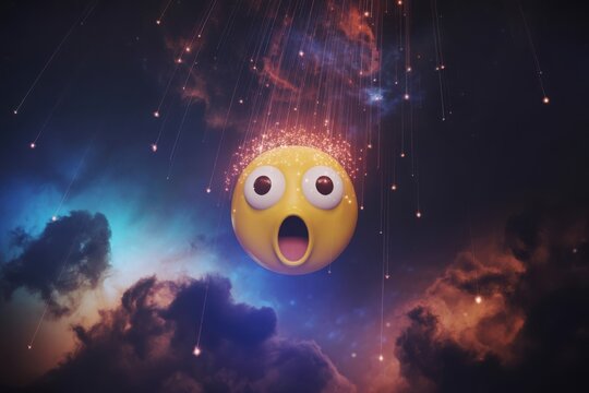 Surreal space scene featuring a shocked emoji face amidst colorful nebulae