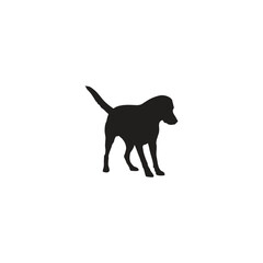 A silhouette of a dog standing with its tail up on a white background in a simple and clean image style