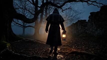 Mysterious hooded figure walking through dark forest with lantern illuminating path at dusk - Powered by Adobe