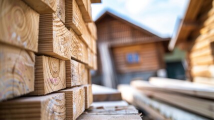 Stacked wooden planks in a construction site with rustic wooden houses in the background. Bright sky enhances the outdoor setting.