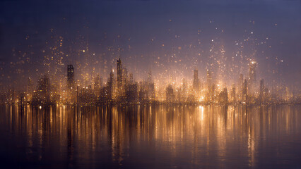 Abstract Skyline Reflected In Water Under Golden Haze Sparkles With Bokeh Lights And Mystical Atmosphere
