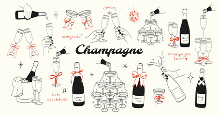 Whimsical coquette champagne bottle glass cheers doodle. Event party celebration with champagne. © yabluko_draws