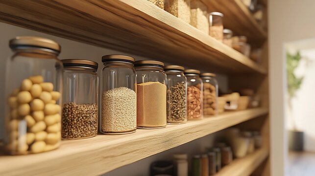 Neatly organized pantry shelves filled with jars of grains and spices