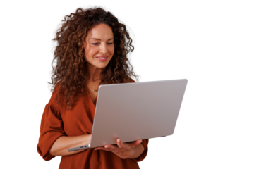 Woman smiling while working on a laptop, using technology for remote business communication, transparent background
