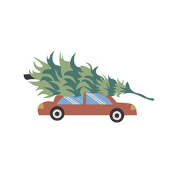 Red car with a Christmas tree on the roof on white object isolated stock vector illustration for web, for print design element