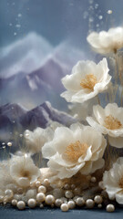 Close-Up Of Bas-Relief White Flowers And Pearls With Crystalline Gold Stems Overlooking Suminagashi Mountains.
