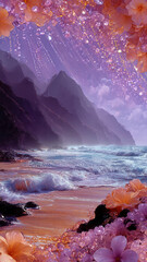 Vibrant Bas-Relief Coastal Cliffs And Crashing Suminagashi Waves Framed By Sparkling Crystalline Flowers And Gems.