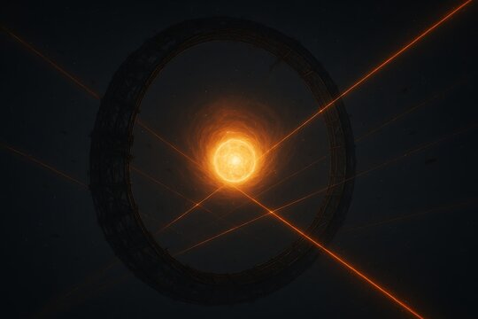 A Dyson sphere partially under construction around a star, with massive metallic scaffolds, swarms of tiny construction drones, and energy beams crossing the void.