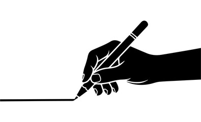Black and white illustration of a hand drawing a line with a pen on a white isolated background. Vector graphics. EPS.
