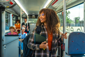 Young woman commuting on bus with diverse passengers