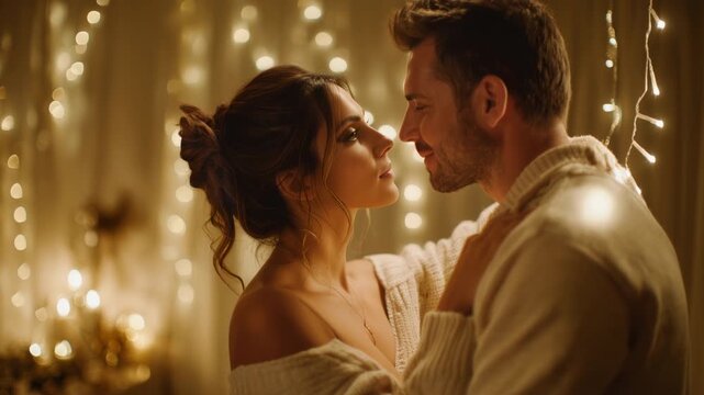 Beautiful young couple sharing a tender moment, dancing slowly in a cozy room decorated with warm string lights. Intimate connection and affection between a loving man and woman at home