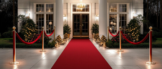 Red carpet leading to an elegant building entrance, adorned with festive lights and stanchions. VIP event concept for luxury celebration or party.