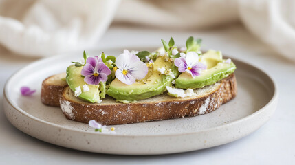 Avocado toast with edible flowers and feta cheese. Healthy breakfast or snack idea for diet and wellness food blog. Gourmet culinary art.