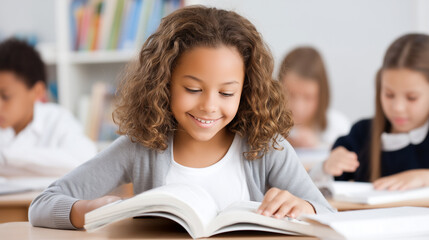 Little girl smiling while reading a book in a classroom. Education and learning concept for school children development and knowledge.