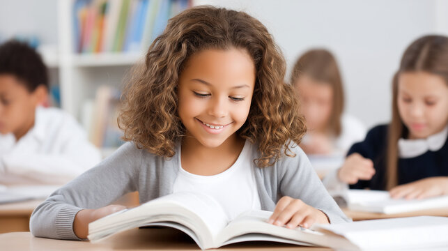 Little girl smiling while reading a book in a classroom. Education and learning concept for school children development and knowledge.