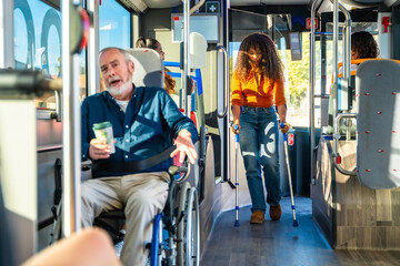 People with disabilities using public transportation bus