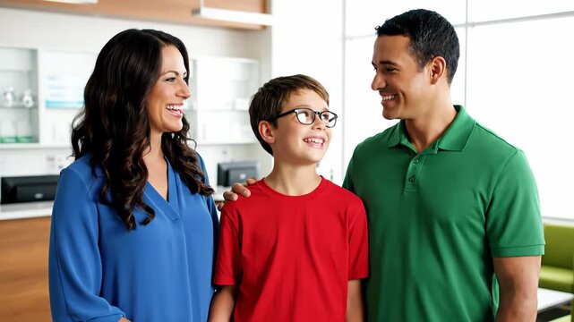 Proud parents are happily watching their son try on new glasses in a stylish optometrist's office. The family is all smiles in the modern setting