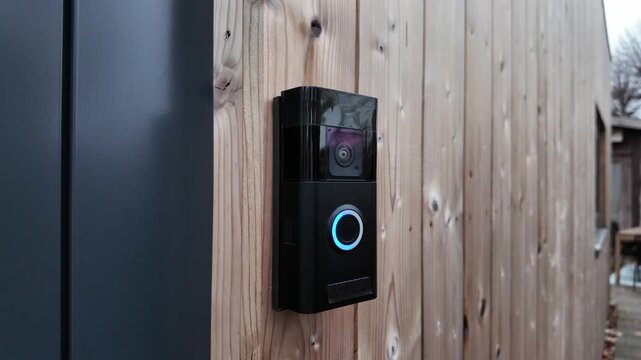 A person using a Smart doorbell with an intercom and double camera at a residential home entrance. Ring Doorbell outside.