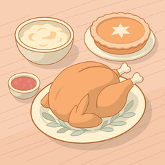 Cartoon Delicious Thanksgiving Dinner Complete Set Illustration with Turkey Pie and Mashed Potatoes