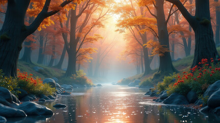 Foggy Bas-Relief Autumnal Forest With Orange Trees And River Reflecting A Suminagashi-Inspired Sunrise.